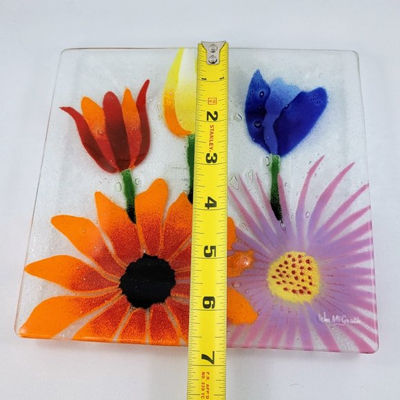Tulips Plate Fusion Art Glass Dish Summer Garden Inkogneto Stamped - Picture 8 of 8